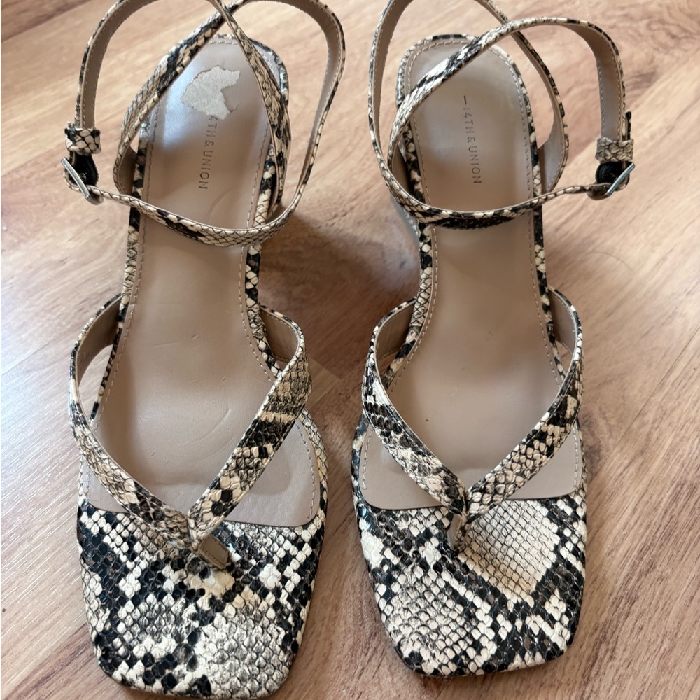 14th & Union Black and Cream Snake-Print Strappy Heels